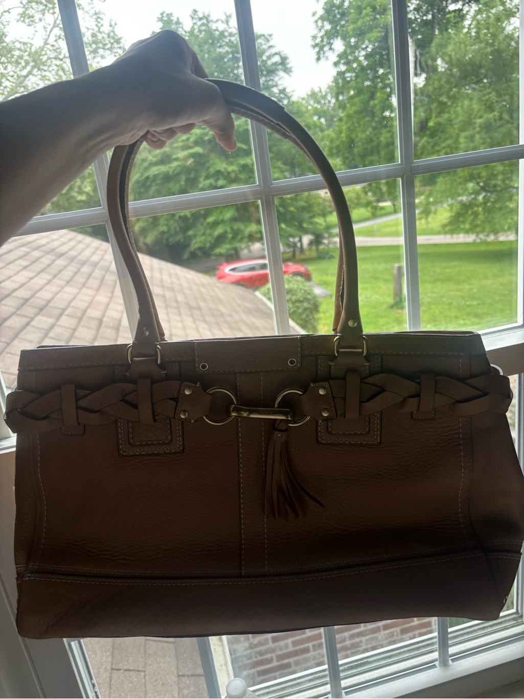 Coach Brown Leather Shoulder Bag With Braided Trim